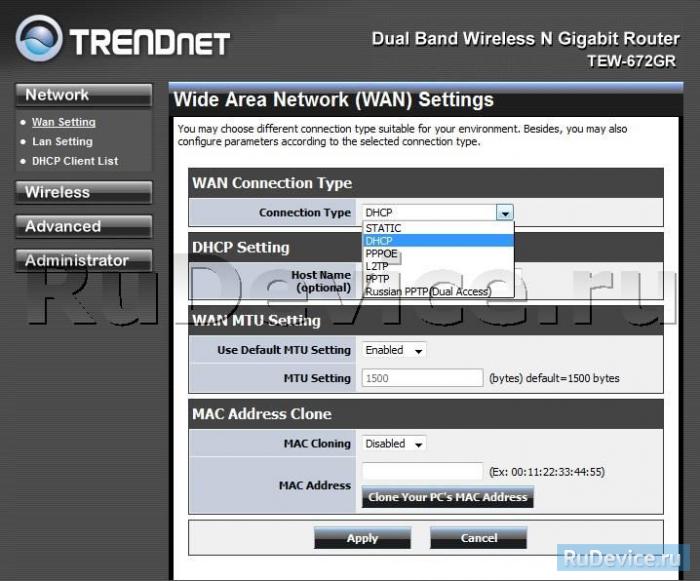 Настройка подключения к Интернет на роутере TRENDNet TEW-672GR