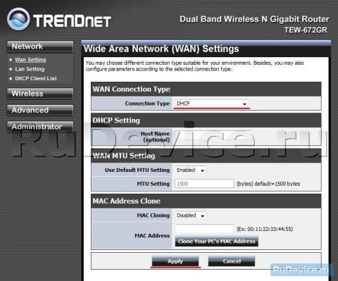 NAT при автоматическом получении IP адреса (DHCP) на роутере TRENDNet TEW-672GR