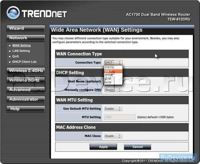 Настройка подключения к Интернет на роутере TRENDNet TEW-752DRU